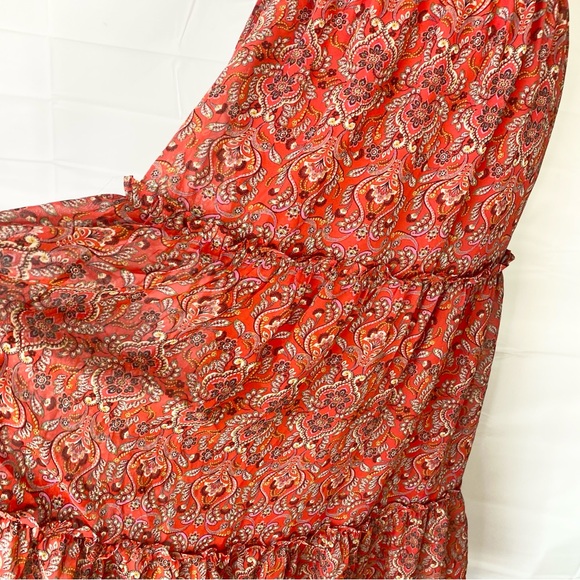 Max Studio Tiered Floral Midi Dress Small Red Tiered Ruffle Paisley Empire S - Picture 13 of 14